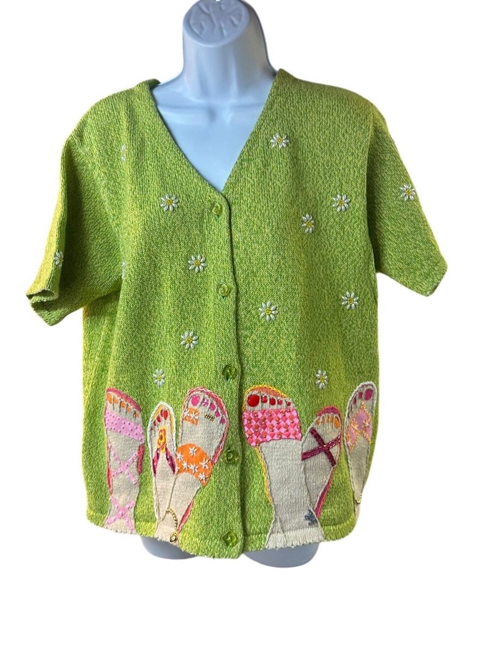 Vintage Susan Bristol Novelty Cardigan Flip Flops Daisies Beach Sweater L